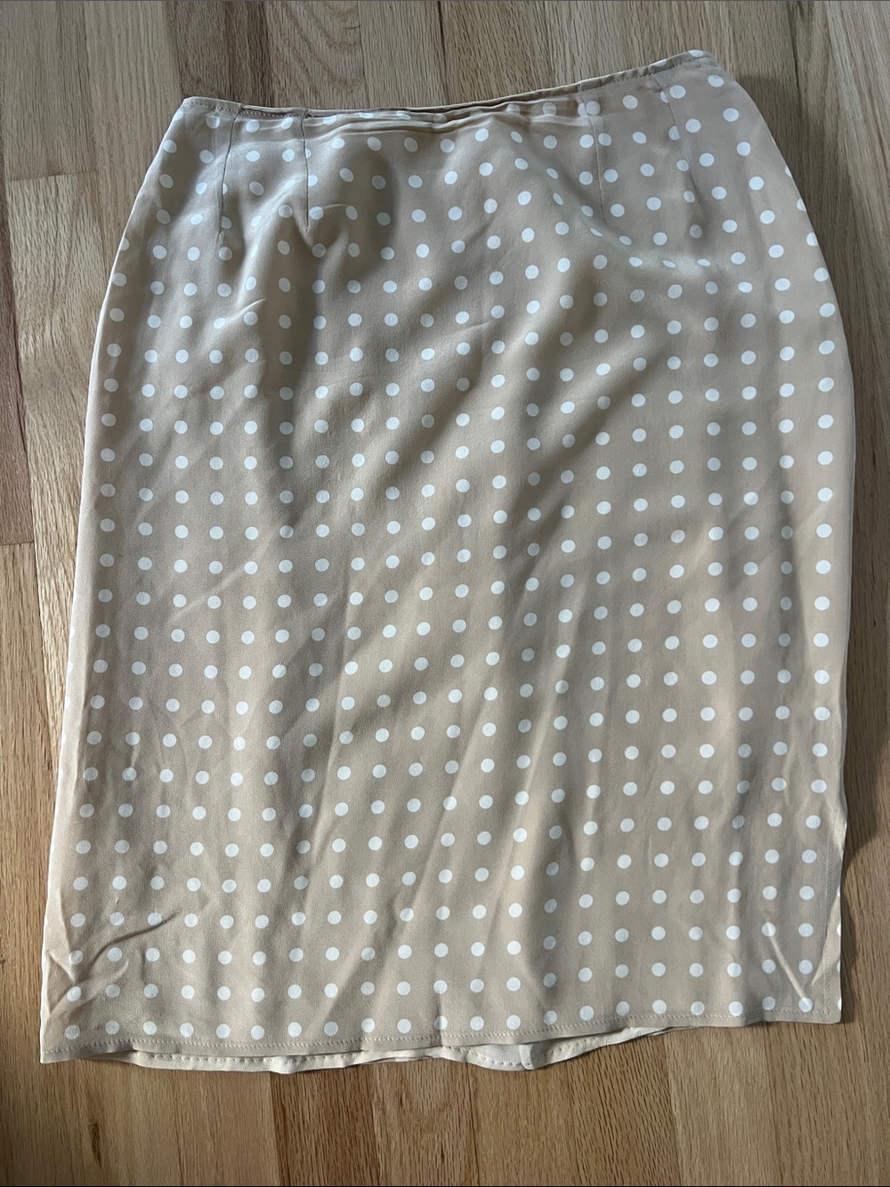 MaxMara Beige Pencil Silk Skirt with White Polka Dots